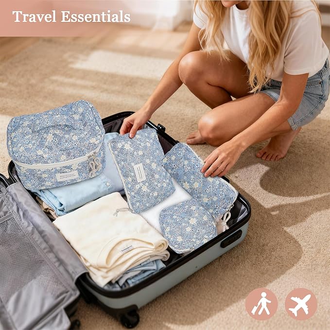 VIWIME Makeup Cosmetic Bag, Large Cotton Quilted Travel Coquette Aesthetic Cute Floral Make up Bag for Women Toiletry Bag Organizer (302-Blue&White)