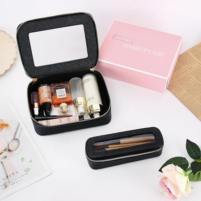 Clear Travel Makeup Bag with Brush Case Portable Transparent Cosmetic Bag and Toiletry Bag Waterproof Makeup Organizer with Zipper Car Essential for Women (Black, M+Slim)