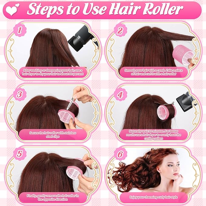 6 Size Hair Rollers for Women, 62 Pcs Rollers Hair Curlers for Long Medium Short Hair, Large Medium Small Self Grip Hair Rollers with 36 Rollers 24 Stainless steel Clips 1 Storage Bag