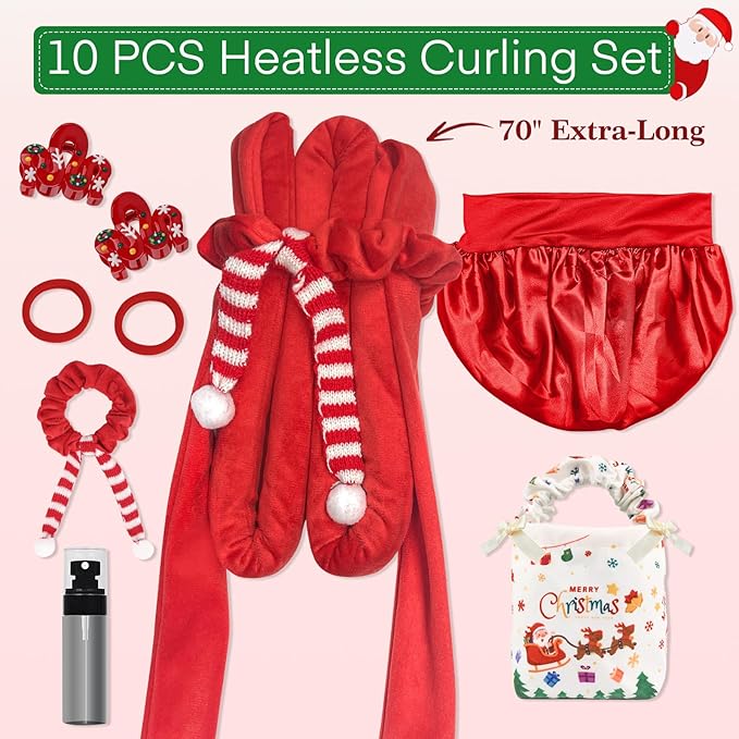 10 PCS Christmas Heatless Curls Overnight Hair Curler, 70" Overnight Curls Hair Curlers to Sleep In with Bonnet for Women Long Hair Volume, Heatless Curling DIY Set - Red