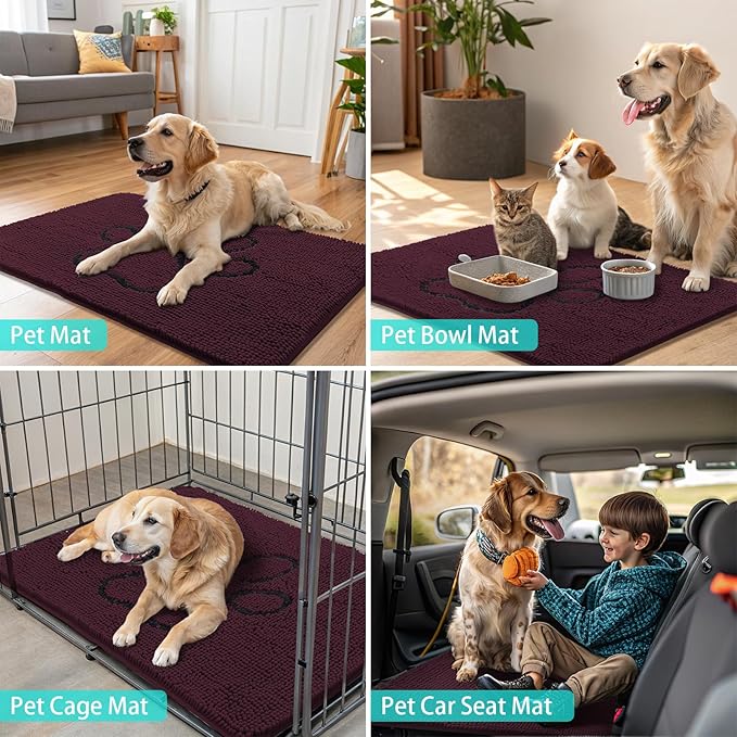 Smiry Dog Door Mat for Muddy Paws, Absorbent Dirt Trapper Non Slip Quick Dry Washable Chenille Mat for Mud Dogs, Entry Rug for Indoor and Outdoor (36x24 Inches, Russet and Black)