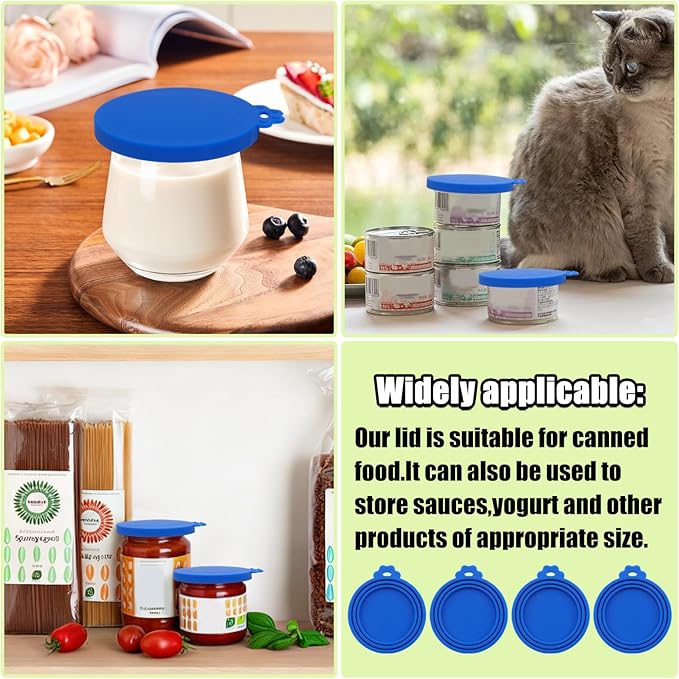 PINE & LINEN 4 Pcs Durable Pet Can Lids,One fit 3 Standard Size Silicone Waterproof Cat Food Cans Lids for 3oz/5.5oz/12.5oz/13.2oz Cat Food Cans(Blue)