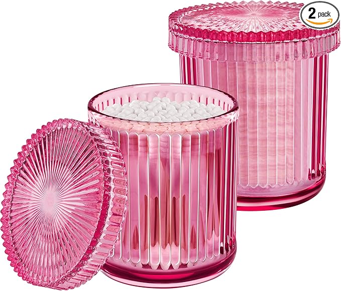 2 Pack Qtip Holder - Apothecary Jars with Lids, Bathroom Organizers and Storage Canister for Cotton Balls,Swabs,Floss Picks,Hair Ties,Clear Glass Vintage Bathroom Decor Jar Set (Pink2)