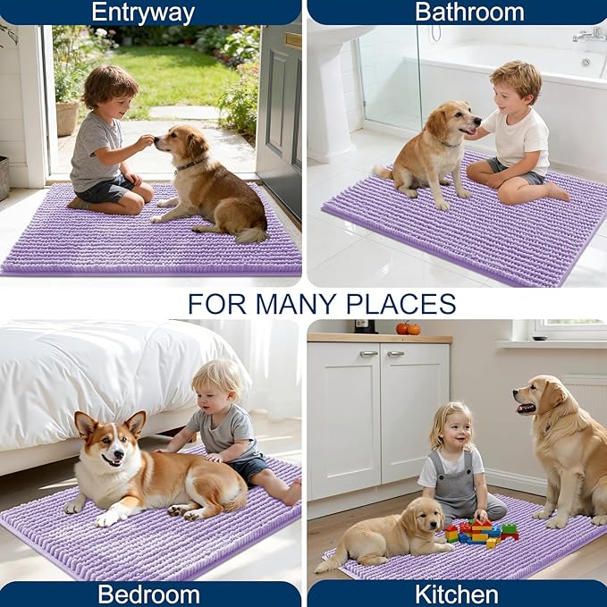OLANLY Dog Door Mat for Muddy Paws 59x24, Ultra Absorbent Chenille Mud Doormat, Non-Slip Washable and Dirt Trapping Doormat for Indoor Entryway, Quick-Dry Indoor Pet Bed Mats for Dogs, Lavender
