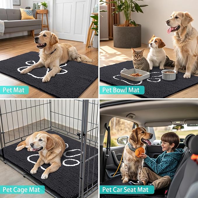 Smiry Dog Door Mat for Muddy Paws, Absorbent Dirt Trapper Non Slip Quick Dry Washable Chenille Mat for Mud Dogs, Entry Rug for Indoor and Outdoor (47x20 Inches, Black and White)