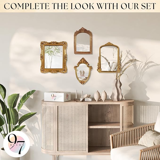 97 Decor Gold Vintage Wall Mirror - Small Gold Mirror for Tabletop and Wall Hanging, Antique Arch Frames for Desk, Small Decorative Mirrors Frame for Home Bedroom, Makeup Room Decor (11.8x9.6 Inch)