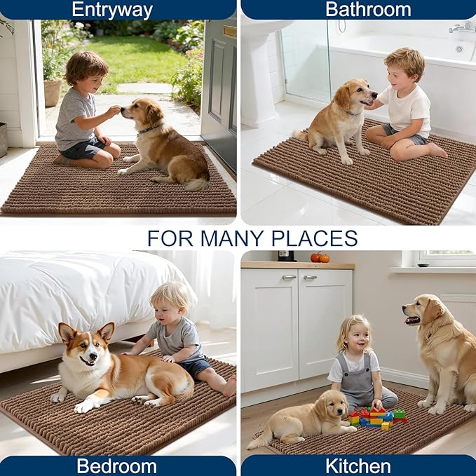 OLANLY Dog Door Mat for Muddy Paws 47x17, Ultra Absorbent Chenille Mud Doormat, Non-Slip Washable and Dirt Trapping Doormat for Indoor Entryway, Quick-Dry Indoor Pet Bed Mats for Dogs, Mocha