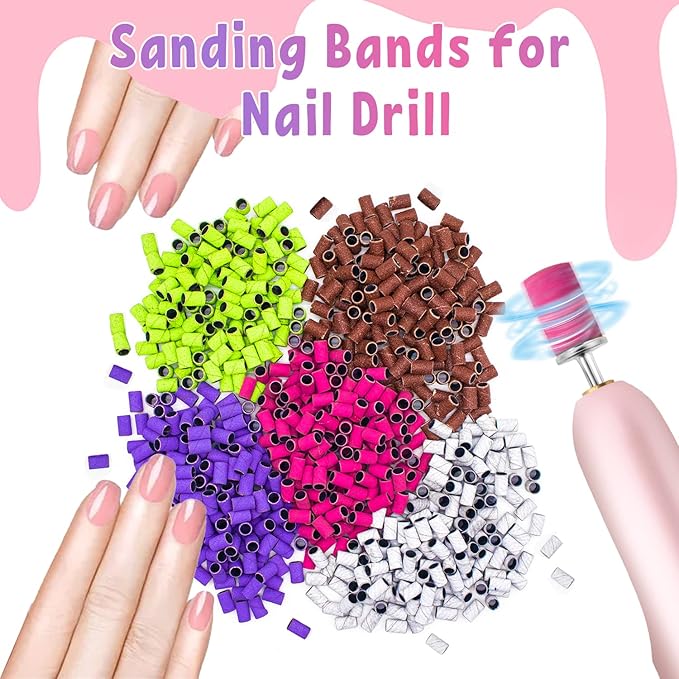 180Grit Nail Sanding Bands for Nail Drill, Pink Sanding Band for Nail Drill Fine Sanding Bands for Nail Drill with 3/32” Nail Sanding Bit for Natural Nail, 100Pcs Sand Band Set for Manicure & Pedicure