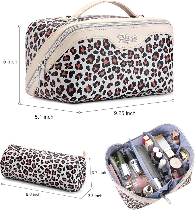 BOYATU Travel Makeup Bag for Women: 3 Pcs Set Portable Make up Bags with Handle - Leopard Print Cosmetic Bags with Comparments - Waterproof Vegan Leather Toiletry Bag (12-White)