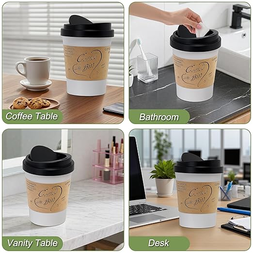 Soddeph Plastic Mini Trash Can with Swing-Top Lid, 0.9 Gallon Desktop Waste Bin for Coffee Table, Office, Small Countertop Wastebasket for Counter, Vanit (Black Lid + White Can, Small)