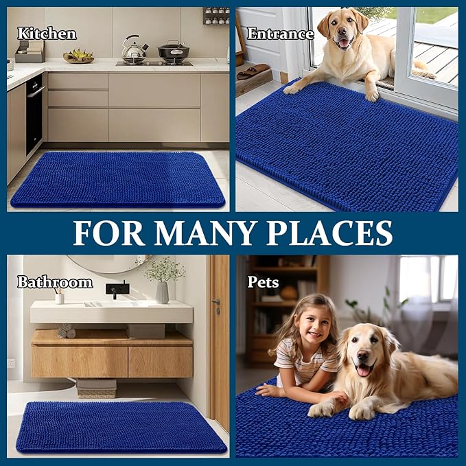 OLANLY Dog Door Mat for Muddy Paws 70x46, Absorbs Moisture and Dirt, Absorbent Non-Slip Washable Doormat, Quick Dry Chenille Mud Mat for Dogs, Entry Indoor Entryway Carpet for Inside Floor, Royal Blue