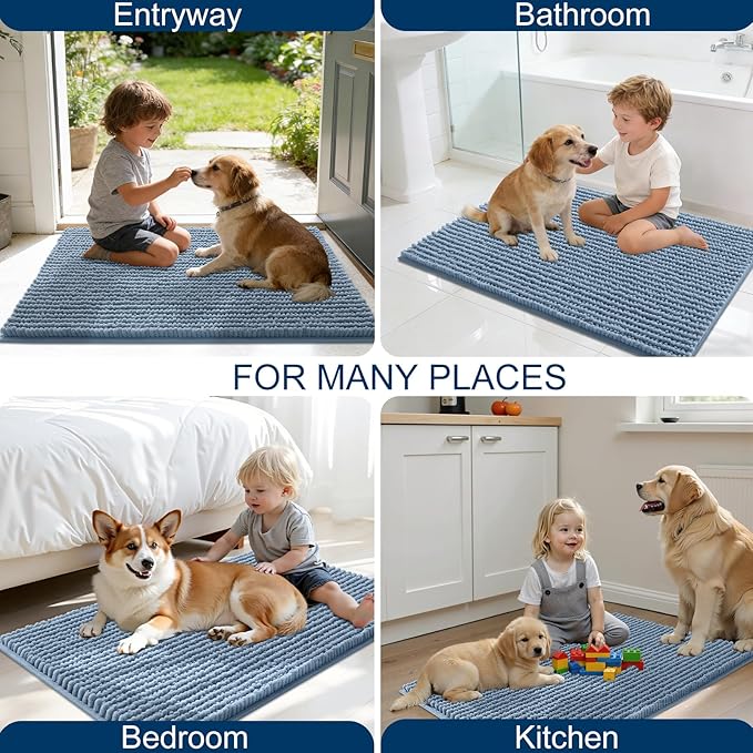 OLANLY Dog Door Mat for Muddy Paws 59x24, Ultra Absorbent Chenille Mud Doormat, Non-Slip Washable and Dirt Trapping Doormat for Indoor Entryway, Quick-Dry Indoor Pet Bed Mats for Dogs, Airy Blue