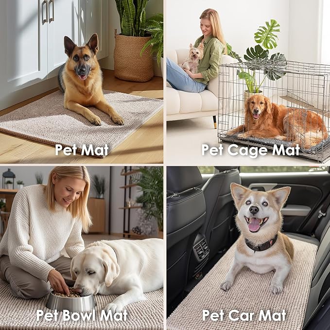 EHEYCIGA Super Absorbent Dog Door Mat for Muddy Paws 24x16 Inch Indoor, Front Doormat Outside Entrance, Quick Dry Chenille Washable Dog Crate Bed, Non-Slip Pet Rug Mud Mat Outdoor Entryway, Beige