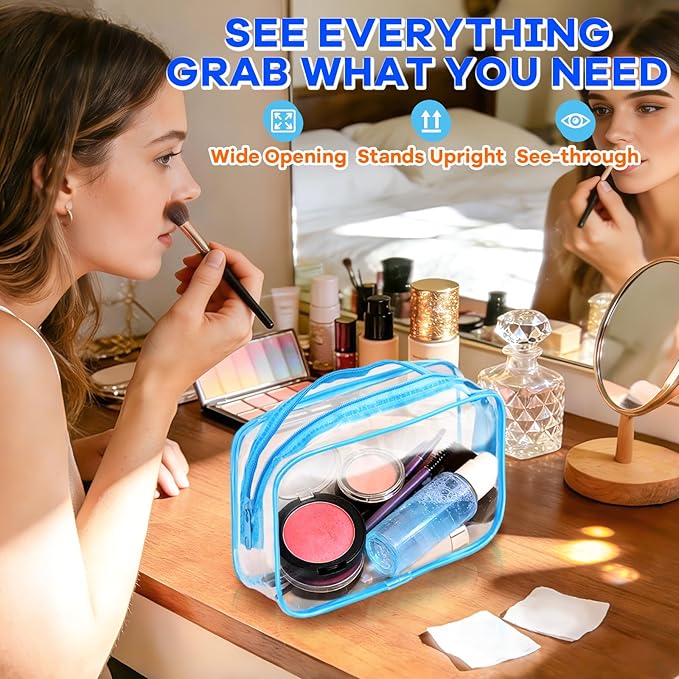 Clear Cosmetic Bag Transparent Makeup Bag for Women Men Waterproof Travel Makeup Clear Toiletry Organizer Cosmetic Storage Pouch Case with Zipper (12, Blue, Medium)
