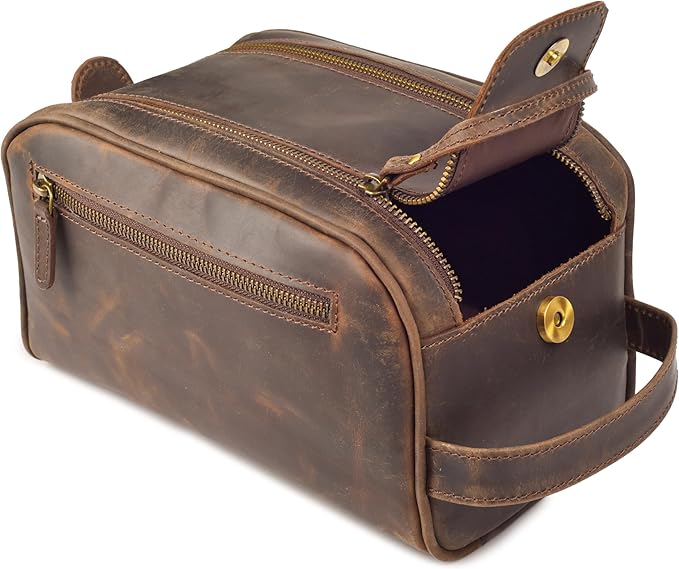 LEATHER VILLAGE Genuine Leather Toiletry Travel Pouch With Waterproof Lining - Brown | King-Size Handcrafted Vintage Dopp Kit Bag, Shaving & Bathroom Organizer, Gift for Men & Women