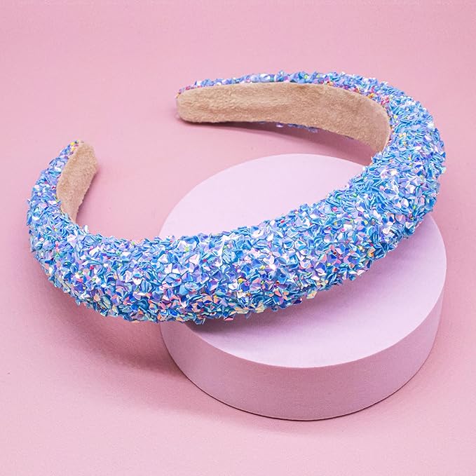 FROG SAC Sequin Headband for Girls, Sparkly Puffy Hair Band for Kids, Padded Toddler Head Bands, Sparkle Girl Hair Accessories (Blue, Child)