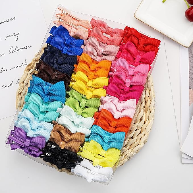 CÉLLOT Baby Hair Clips 50 Pieces 25 Colors in Pairs Baby Girls Fully Lined Bows Hair Pins Tiny 2" Hair Bows Alligator Clips for Girls Infants Toddlers
