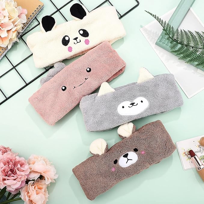 Chuangdi 4 Pieces Animal Hair Bands Face Wash Headband Spa Animal Ears for Skincare Makeup Spa Headband Washing Face Coral Fleece Plush Hairband for Women Girls(Stylish Style,Cute Colors)