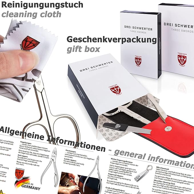 3 Swords Germany - brand quality 10 piece manicure pedicure grooming kit set for professional finger & toe nail care tweezers file clipper fashion leather case in gift box, Made by 3 Swords (01610)