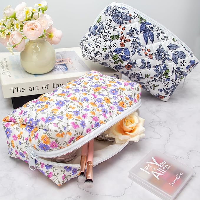 PAZIMIIK 6PCS Vintage Quilted Makeup Bag SET Cosmetic Pouch for Brushes Pencils and Travel Make Up Accessories for Women and Girls,Little flower