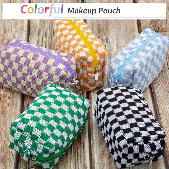 PAZIMIIK Checkered Makeup Bag for Purse Portable Zipper Make Up Pouch Small Cosmetic Case for Travel Accessories (2PCS Black Green)
