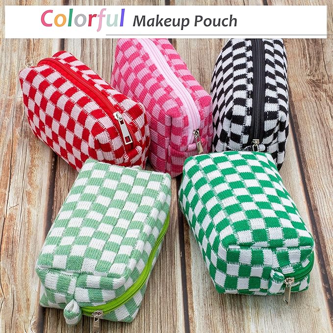 PAZIMIIK Checkered Makeup Bag for Purse Portable Zipper Make Up Pouch Small Cosmetic Case for Travel Accessories (2PCS Blue Light Green)