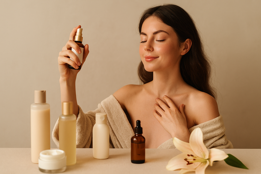 Aromatherapy-inspired beauty moment with a glowing woman using a facial mist surrounded by clean skincare products in a calm neutral setting