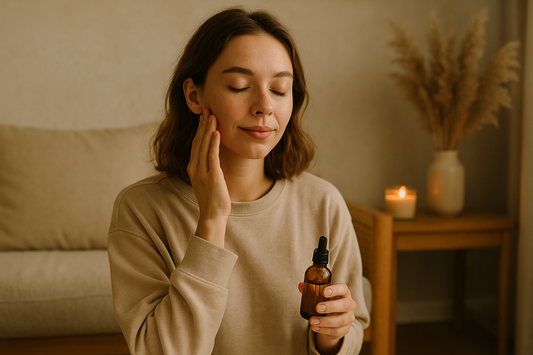 A peaceful woman enjoying a slow beauty ritual at home, symbolizing emotional wellness through daily skincare routines