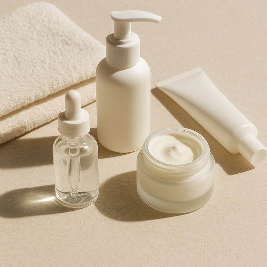 Minimal clean-beauty skincare setup with gentle products reflecting BloomVera Beauty essentials.