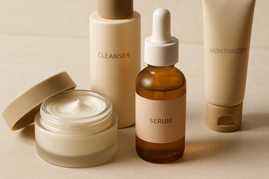 “Minimalist beige-toned flatlay of premium skincare products including cleanser, serum, moisturizer and face cream on a soft textured surface with natural lighting.”