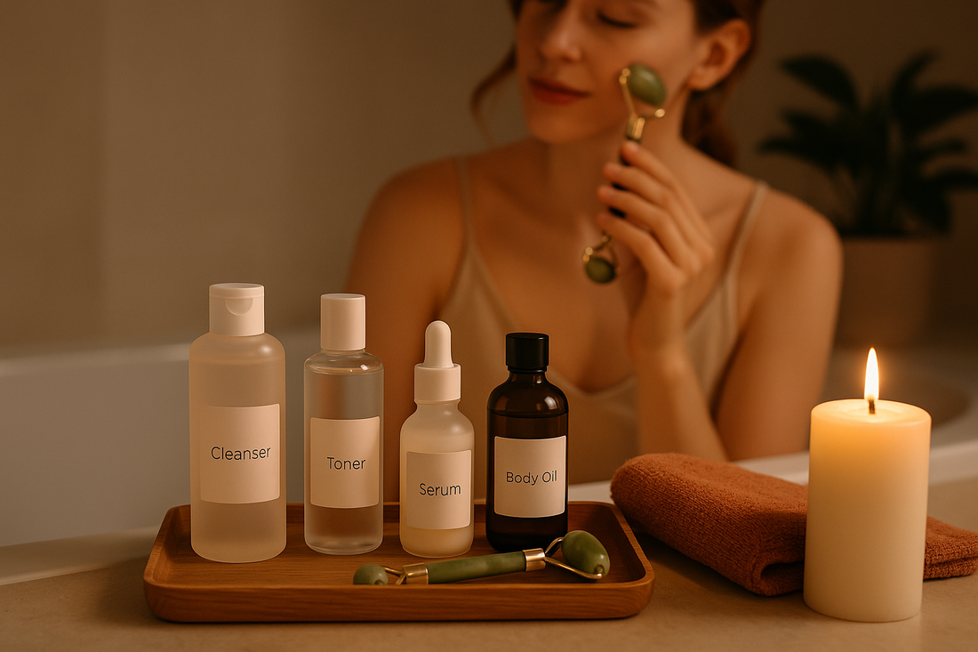 “Evening skincare products arranged on a wooden tray with cleanser, toner, serum, body oil, and a jade roller, in warm ambient lighting.”