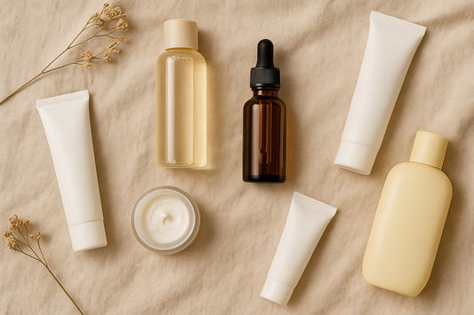 Natural skincare flatlay with gentle vegan products on a soft fabric background