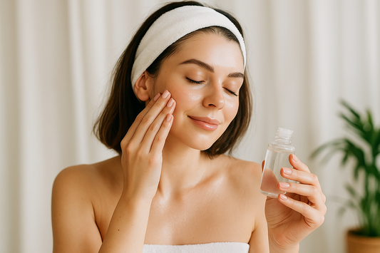 Woman applying hydrating skincare serum to her cheek in a bright room, wearing a white headband and smiling softly with fresh glowing skin.