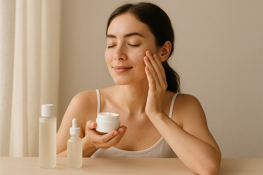 Calm minimalist skincare routine with vegan products and natural lighting