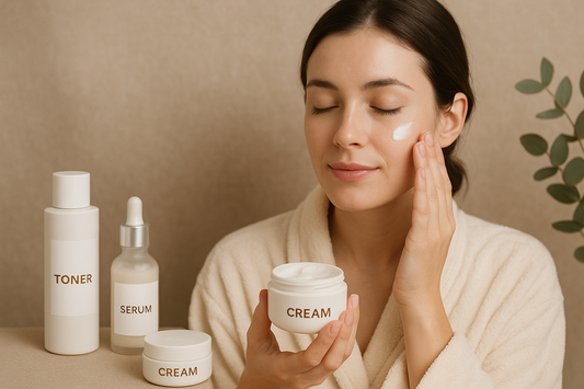 Vegan skincare flatlay with gentle cream, toner, serum, and botanical elements on a soft neutral background