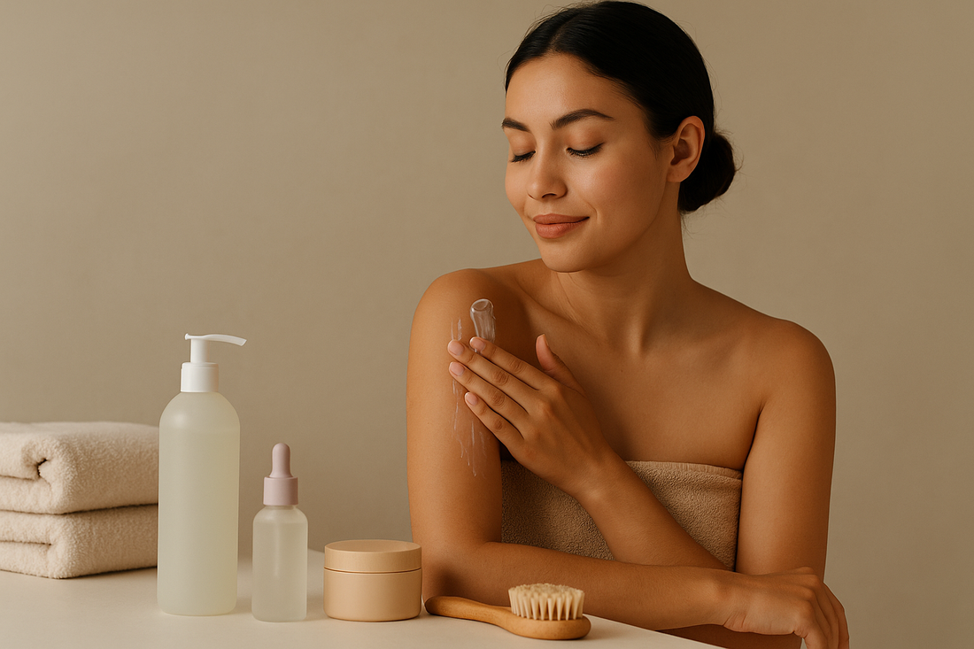 Woman applying body lotion to her shoulder in a calm beige-toned bathroom setting with neatly arranged skincare bottles, soft towels, and a wooden body brush