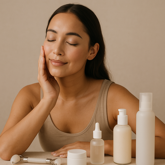 Calming minimalist skincare scene with a glowing woman touching her cheek surrounded by clean beauty products on a neutral background