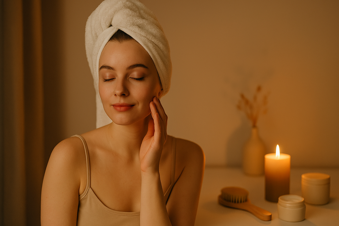 Calming nighttime skincare moment with a towel-wrapped woman gently touching her cheek beside a lit candle, moisturizer jars, and wooden face brush in a warm, soothing setting