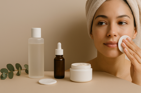 Hydrating skincare routine with a woman applying toner using a cotton pad, alongside minimalist bottles and moisturizer on a soft beige background