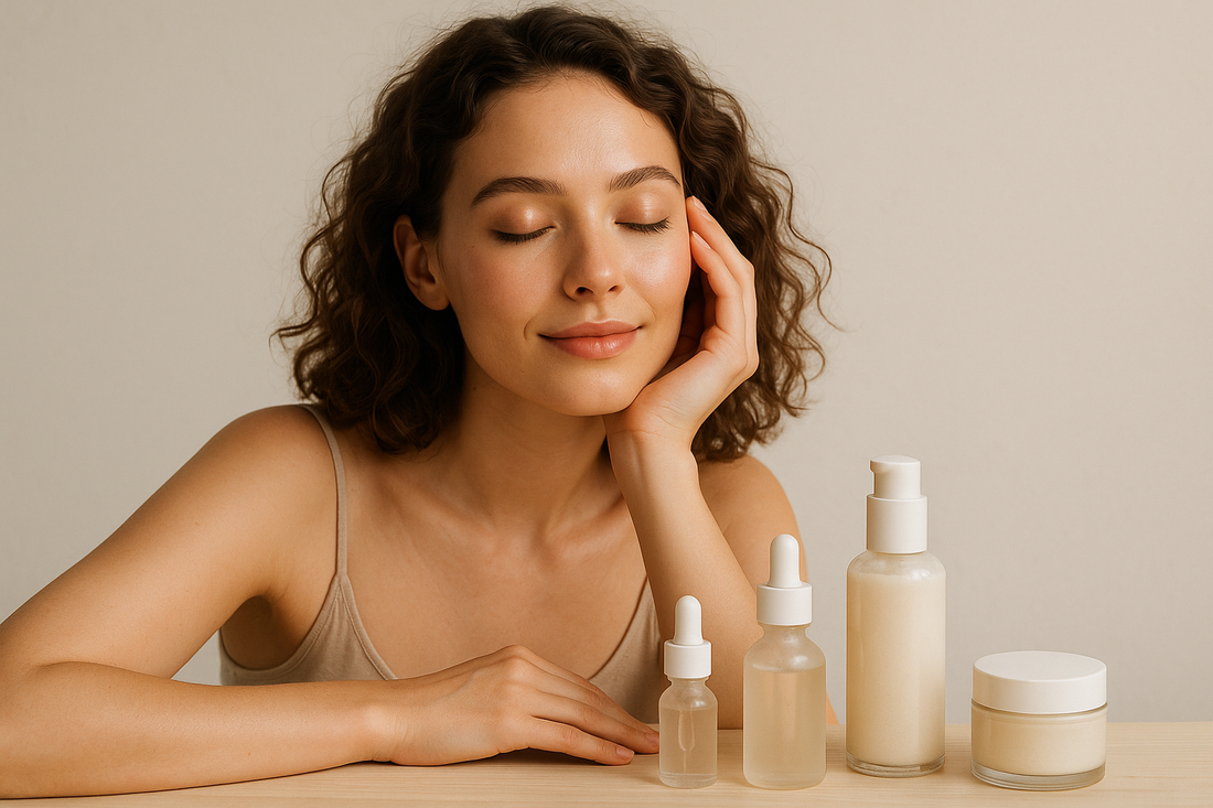 Minimalist winter skincare scene with a glowing woman and clean beauty products on a neutral background