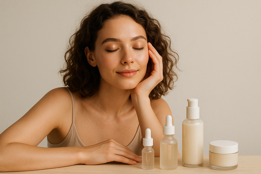 Minimalist winter skincare scene with a glowing woman and clean beauty products on a neutral background