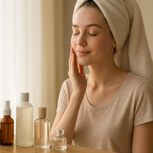 Woman with a towel wrapped around her head gently touching her cheek while applying skincare in soft natural morning light, with beauty bottles arranged on a wooden table