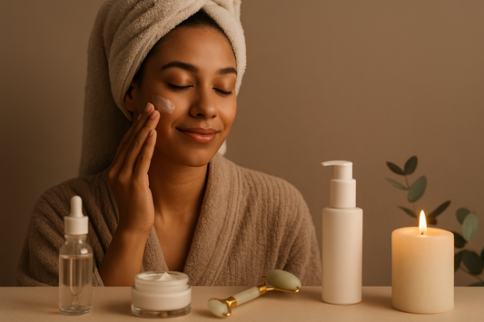 Nighttime skincare ritual with a towel-wrapped woman applying cream, surrounded by a jade roller, serum bottle, candle, and moisturizer in a warm, calming setting