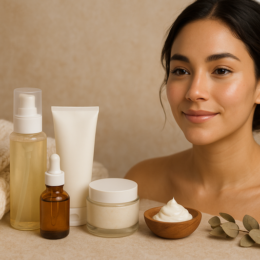 Winter hydration skincare routine aesthetic with a glowing woman and nourishing beauty products on a neutral background