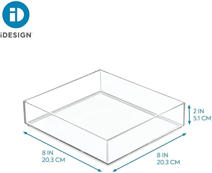 iDesign Decorative Countertop Vanity Tray Organizer for Bathroom, Bedroom, Closet, Entryway, The Clarity Collection – 8" x 8" x 2", Clear