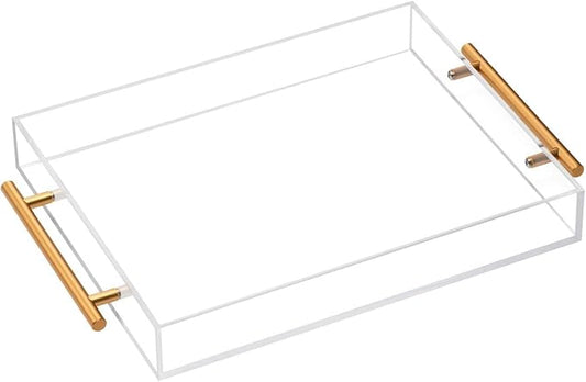 Acrylic Tray 20x12 with Golden Metal Handles - Spill Proof Decorative Tray is an Ideal Countertop Organizer for Living Rooms, Ottoman Coffee Tables, Offices, Kitchens & Serving Guests