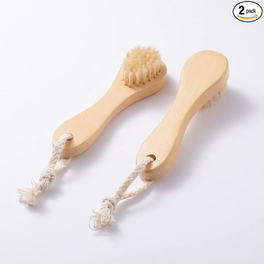 2 Pack Wood Handle Manual Face Facial Cleansing Brush, 5.7” Natural Boar Bristles Skin Care Exfoliating Scrub Brush.