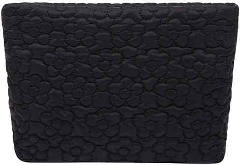 Puffy Quilted Makeup Bag for Women, Cosmetic Bag, Travel Toiletry Organizer Pouch Clutch (Black Flowers)