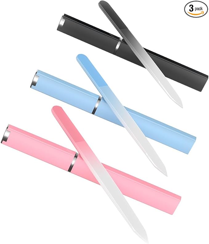 3 Pack Glass Nail Files with Case, Ultra Quality Professional Fingernail Files, Double Sided Premium Nail Filer for Natural, Pedicure, Artificial, Fake Nails