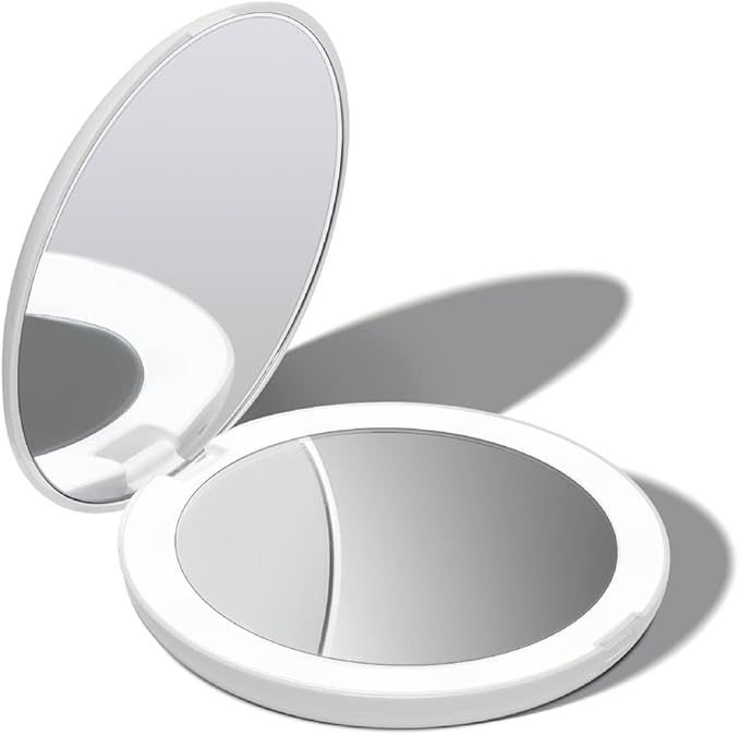 Fancii LED Lighted Travel Makeup Mirror, 1x/10x Magnification - Daylight LED, Compact, Portable, Large 5" Wide Illuminated Folding Mirror (Lumi) (White)